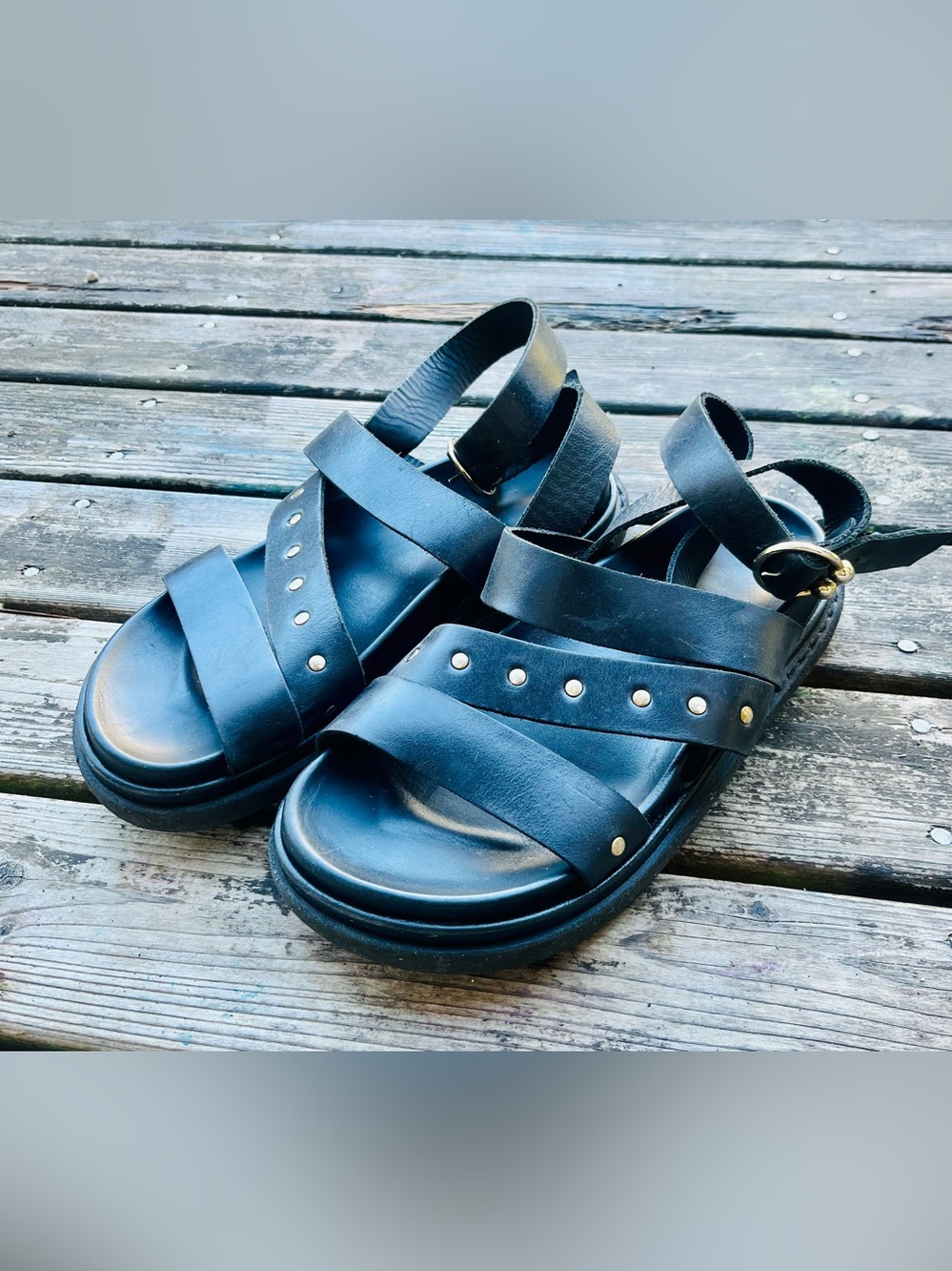 Alohas Buckle Up Black Leather Studded Strap Sandals - Picture 2 of 9